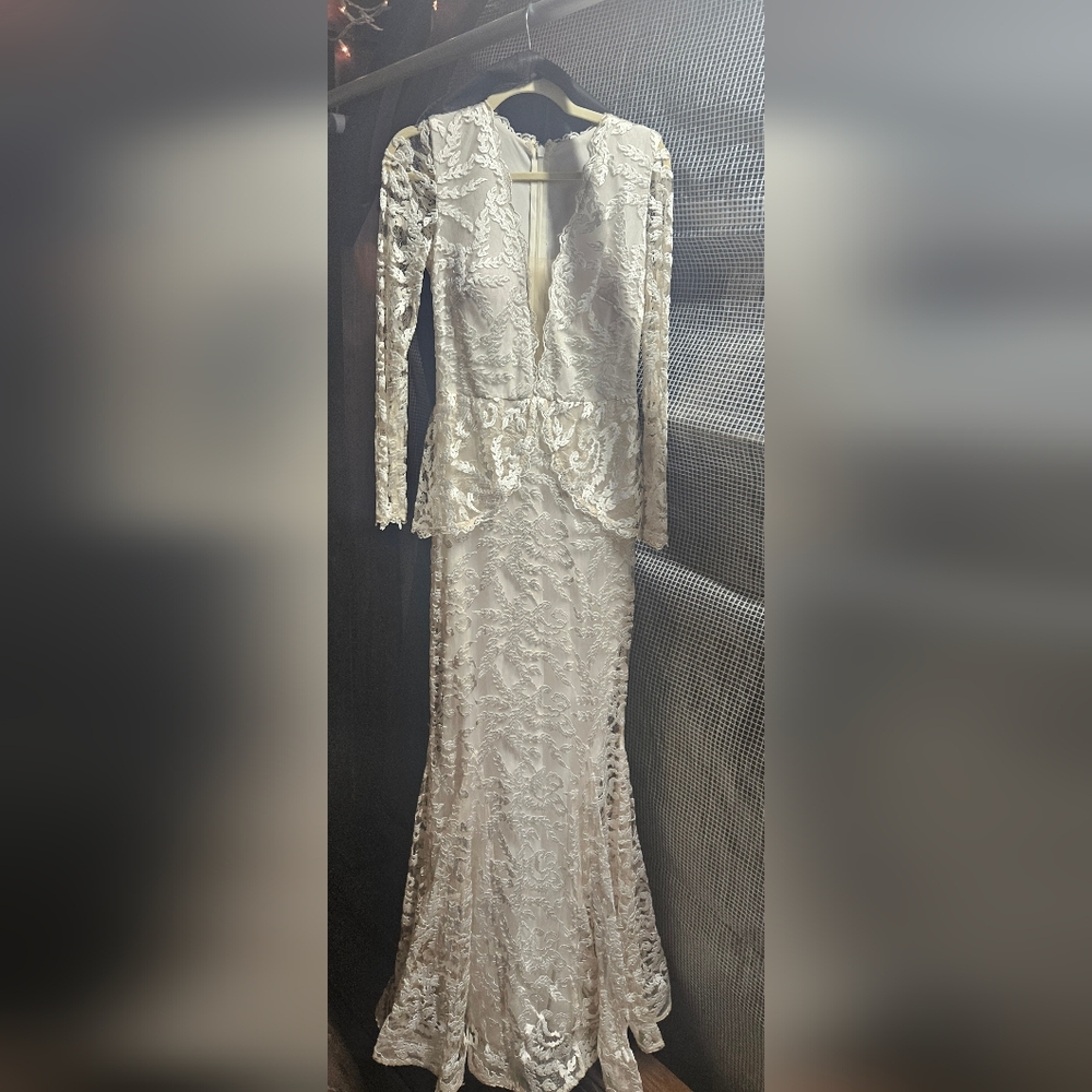 White Sheath Wedding Dress, Party  with Bishop Sleeves and Mock Neck